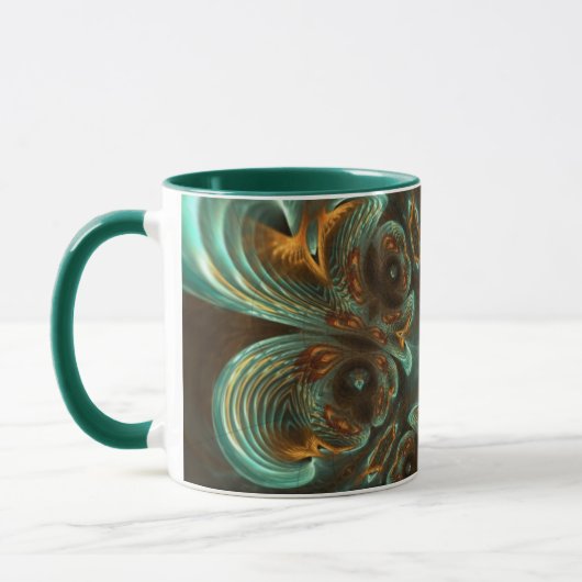 Aqua Green & Gold & Spiral Fractal Art Mok (Links)