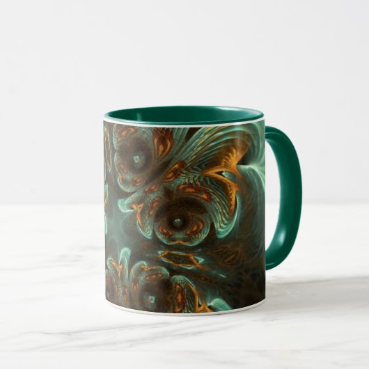 Aqua Green & Gold & Spiral Fractal Art Mok (Voorkant rechts)