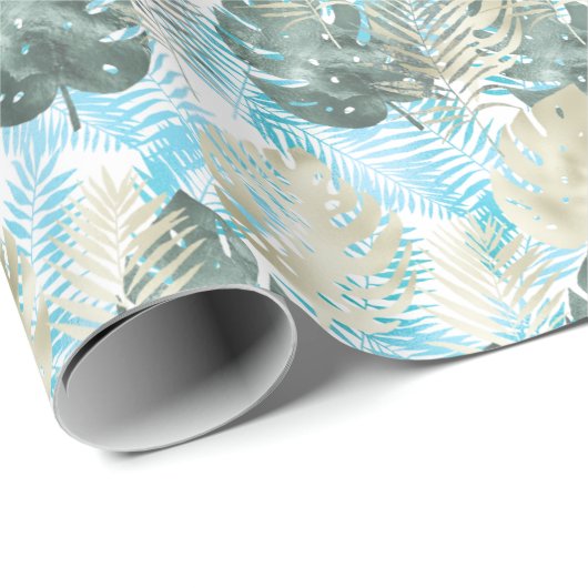 Aqua Green Gold Tropical Leaves Cadeaupapier (Rol Hoek)