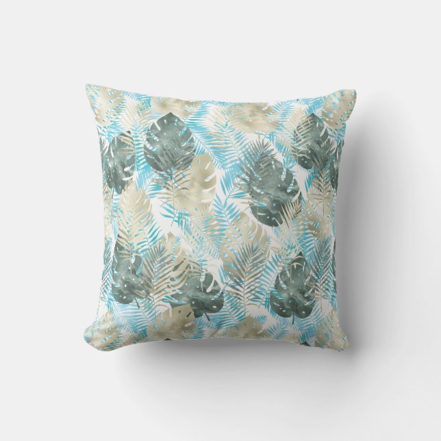 Aqua Green Goud Tropische Bladeren   Kussen (Voorkant)