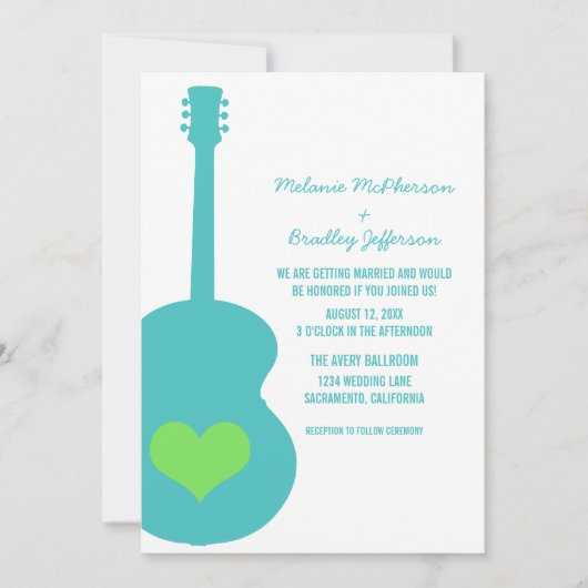 Aqua/Green Guitar Heart Wedding Invite Kaart (Voorkant)