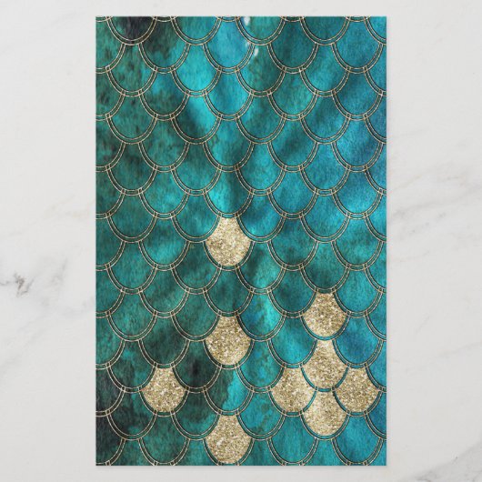 Aqua green Mermaidscales met goudglitter Briefpapier (Voorkant)