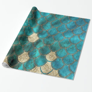 Aqua green Mermaidscales met goudglitter Cadeaupapier