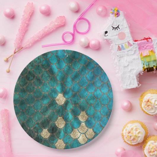 Aqua green Mermaidscales met goudglitter Papieren Bordje (Feest)
