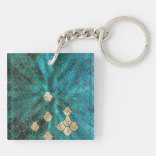 Aqua green Mermaidscales met goudglitter Sleutelhanger