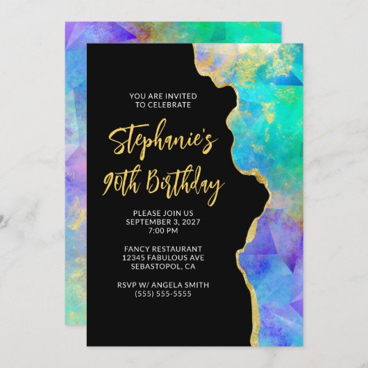 Aqua Green Multi Fire Opal Gold Glam 90th Birthday Kaart (Voorkant / Achterkant)