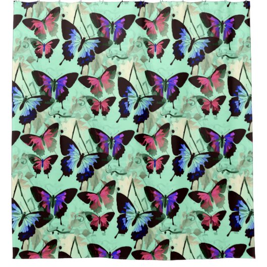 Aqua Green Realm of Morpho Rainbow Butterlies art Douchegordijn (Voorkant)