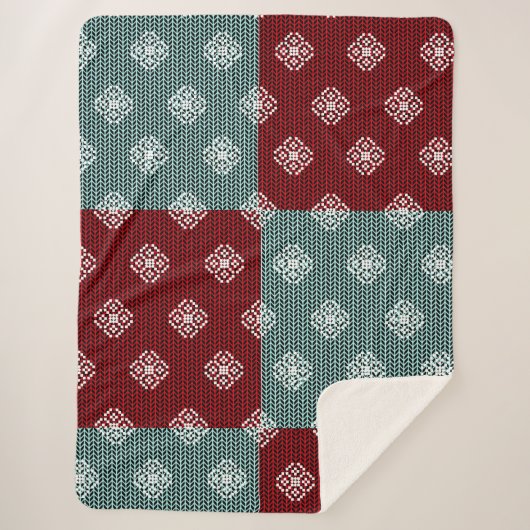Aqua Green/Red Patchwork Sherpa Blanket Deken (Voorkant)