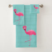 AQUA GREEN STRIPE 2 FLAMINGO BATHROOM TOWEL SET BAD HANDDOEK (Insitu)