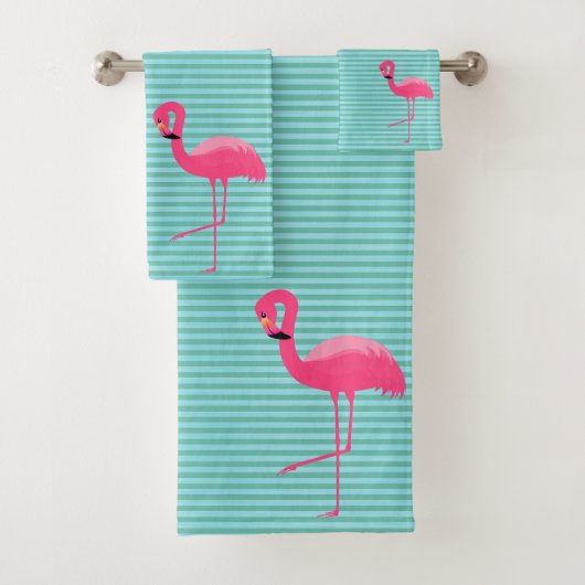 AQUA GREEN STRIPE 2 FLAMINGO BATHROOM TOWEL SET BAD HANDDOEK (Insitu)