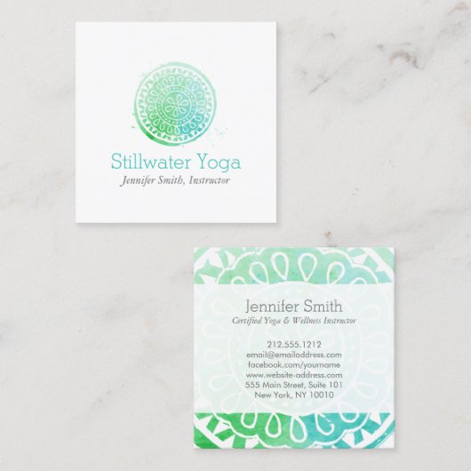 Aqua Green Waterverf Mandala Yoga en Wellness Vierkante Visitekaartje (Voorkant / Achterkant)