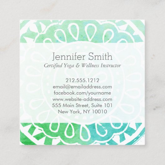 Aqua Green Waterverf Mandala Yoga en Wellness Vierkante Visitekaartje (Achterkant)