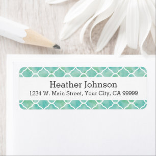 Aqua Green Waterverf Quatrefoil Patroon Etiket