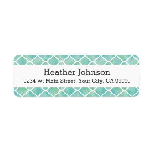 Aqua Green Waterverf Quatrefoil Patroon Etiket (Voorkant)