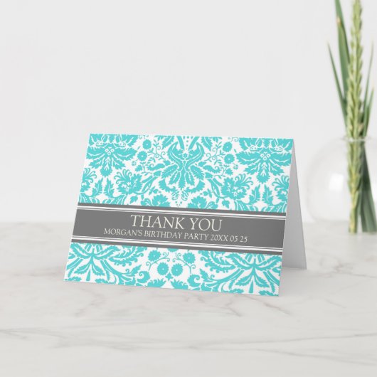 Aqua Grey Damask Verjaardagsfeest Dankjewel Kaart (Voorkant)