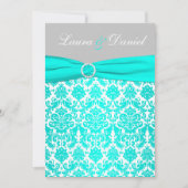 Aqua, Grey en White Damask Wedding Invitation Kaart (Voorkant)