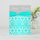 Aqua, Grey en White Damask Wedding Invitation Kaart (Staand voorkant)