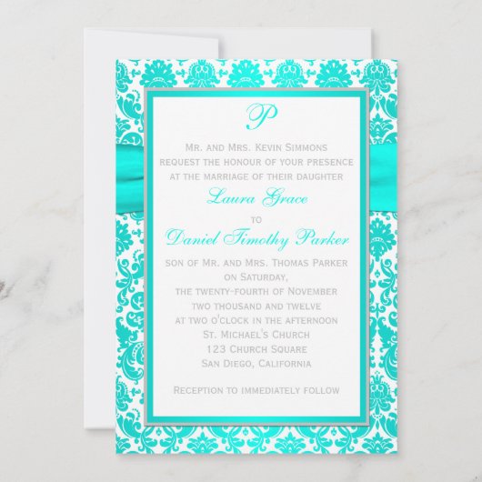 Aqua, Grey en White Damask Wedding Invitation Kaart (Achterkant)