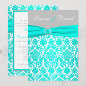 Aqua, Grey en White Damask Wedding Invitation Kaart (Voorkant / Achterkant)