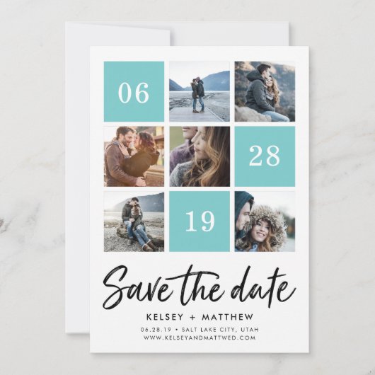 Aqua Grid Collage | De foto bewaart de Datum Save The Date (Voorkant)