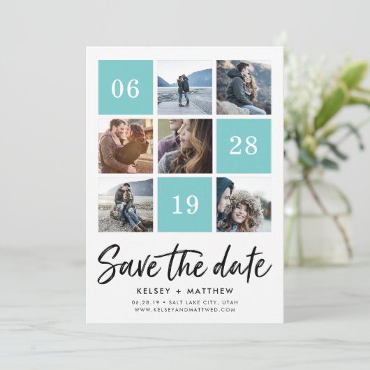 Aqua Grid Collage | De foto bewaart de Datum Save The Date (Staand voorkant)