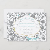 Aqua grijs bloemenpatroon blauw liefde vogel bruil kaart (Voorkant)