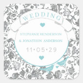 Aqua grijs bloemenpatroon blauw liefde vogel bruil vierkante sticker (Voorkant)