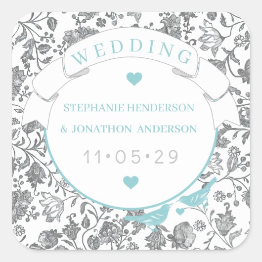 Aqua grijs bloemenpatroon blauw liefde vogel bruil vierkante sticker (Voorkant)