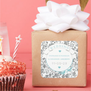 Aqua grijs bloemenpatroon blauw liefde vogel bruil vierkante sticker