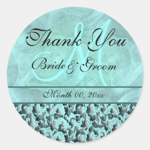 Aqua grijs "dank u" bruiloft damask ronde sticker