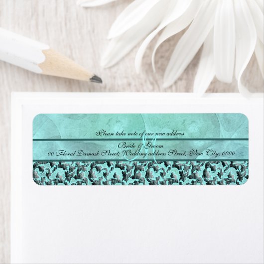 Aqua grijs "nieuw adres" bruiloft bloemendamast etiket (Insitu)
