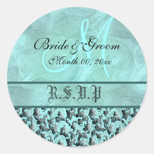 Aqua grijs rsvp bruiloft bloemendamast ronde sticker (Voorkant)