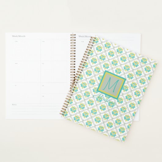 Aqua Grijze Chartreuse Trendy Monogram Planner (Display)