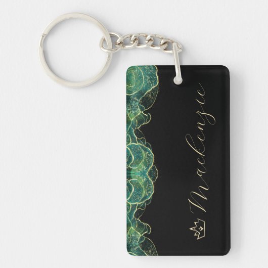 Aqua Groen en Goud Elegant Script Persoonlijk Sleutelhanger (Voorkant)