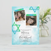 Aqua, Groen, Glitter Stars Bat Mitzvah Invitations Kaart (Staand voorkant)