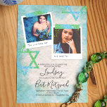 Aqua, Groen, Glitter Stars Bat Mitzvah Invitations Kaart<br><div class="desc">Scrapbook stijl Bat Mitzvah nodigt uit met turquoise, aqua en groene glitter illustraties. Kute vierkante foto's met ster van David kunstwerk op verfijnd papier is een mooie look voor je verjaardagsfeest. De titels van de foto kunnen in om het even welke mooie formulering worden veranderd u kiest. Upload gemakkelijk uw...</div>