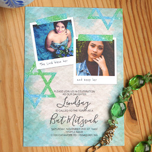 Aqua, Groen, Glitter Stars Bat Mitzvah Invitations Kaart