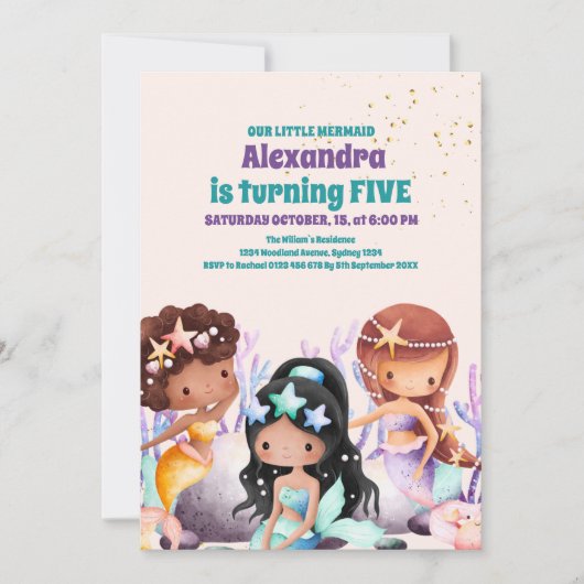 Aqua Groen Goud Kleine Zeemeermin Verjaardag Kaart (Voorkant)
