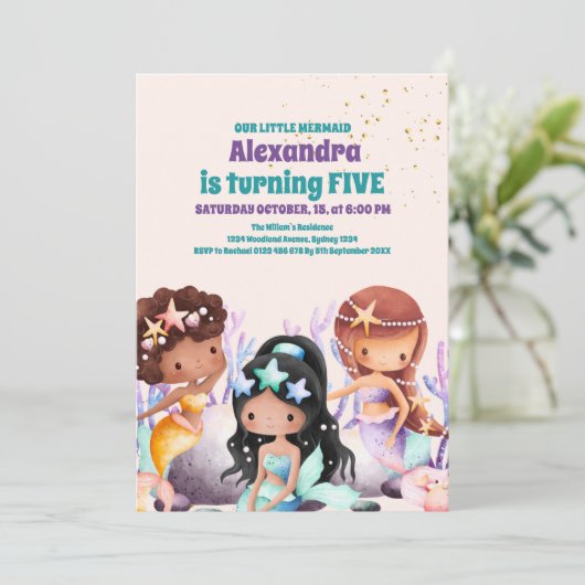 Aqua Groen Goud Kleine Zeemeermin Verjaardag Kaart (Staand voorkant)