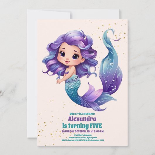 Aqua Groen Goud Kleine Zeemeermin Verjaardag Kaart (Voorkant)