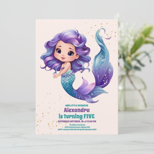 Aqua Groen Goud Kleine Zeemeermin Verjaardag Kaart (Staand voorkant)