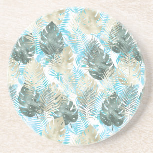 Aqua Groen Goud Tropische Bladeren    Zandsteen Onderzetter
