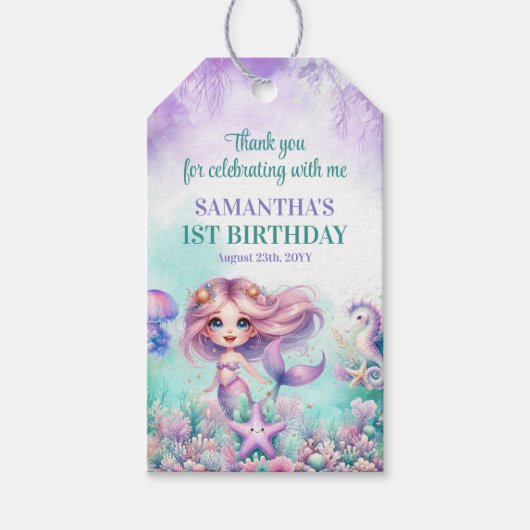 Aqua Groen paarse Kleine Zeemeermin meisje 1e Verj Cadeaulabel (Voorkant)
