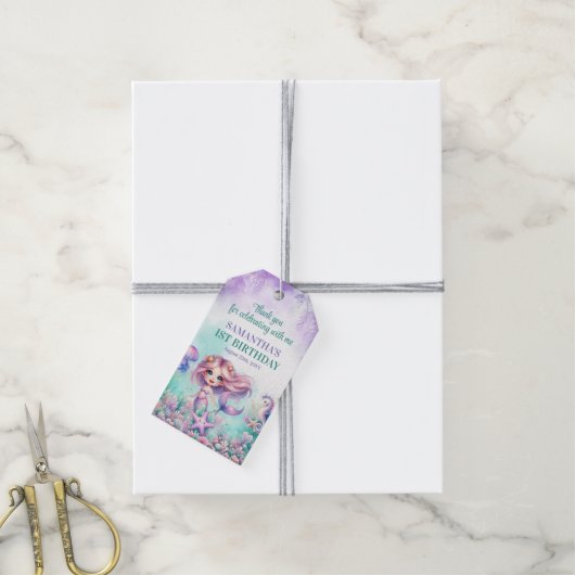 Aqua Groen paarse Kleine Zeemeermin meisje 1e Verj Cadeaulabel (Met Touw)