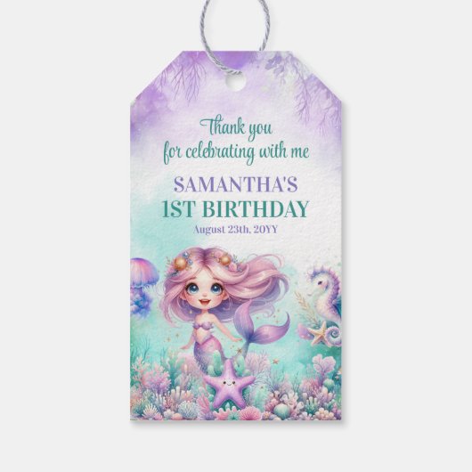 Aqua Groen paarse Kleine Zeemeermin meisje 1e Verj Cadeaulabel (Achterkant)