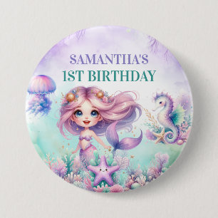 Aqua Groen paarse Little Mermaid 1e Verjaardag mei Ronde Button 7,6 Cm