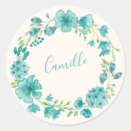 Aqua Groene Bloemenslingers Persoonlijke Naam Lent Ronde Sticker