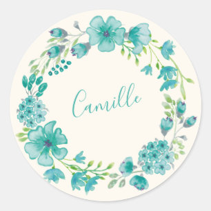 Aqua Groene Bloemenslingers Persoonlijke Naam Lent Ronde Sticker