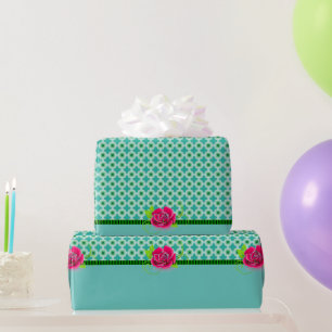 Aqua & Groene Polka Dot Roze Roos met Solid Band Cadeaupapier