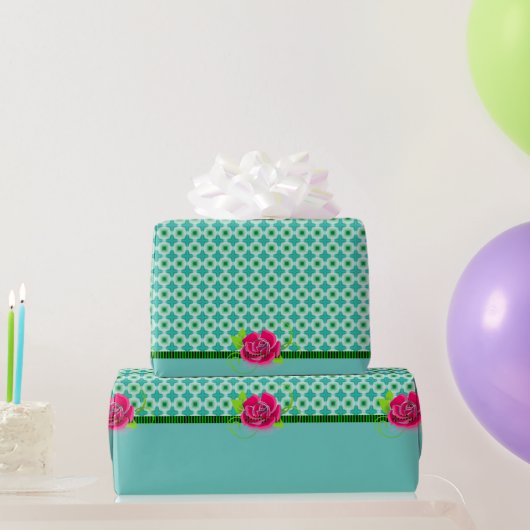 Aqua & Groene Polka Dot | Roze Roos met Solid Band Cadeaupapier (Feestgeschenken)